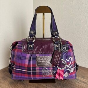 Limited Edition Coach Poppy Tartan Plaid Patent Leather Satchel Purple Pink